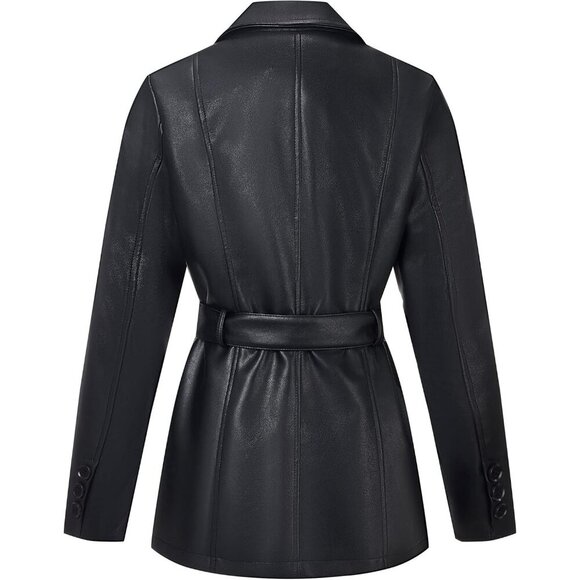 RISISSIDA Women’s Faux Leather Black Blazer Shacket Vegan Leather Button Coat - Picture 4 of 6